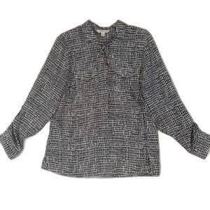 Croft & Barrow Women Sz M Black White Roll-Tab Long Sleeve Lace Up Collar Blouse